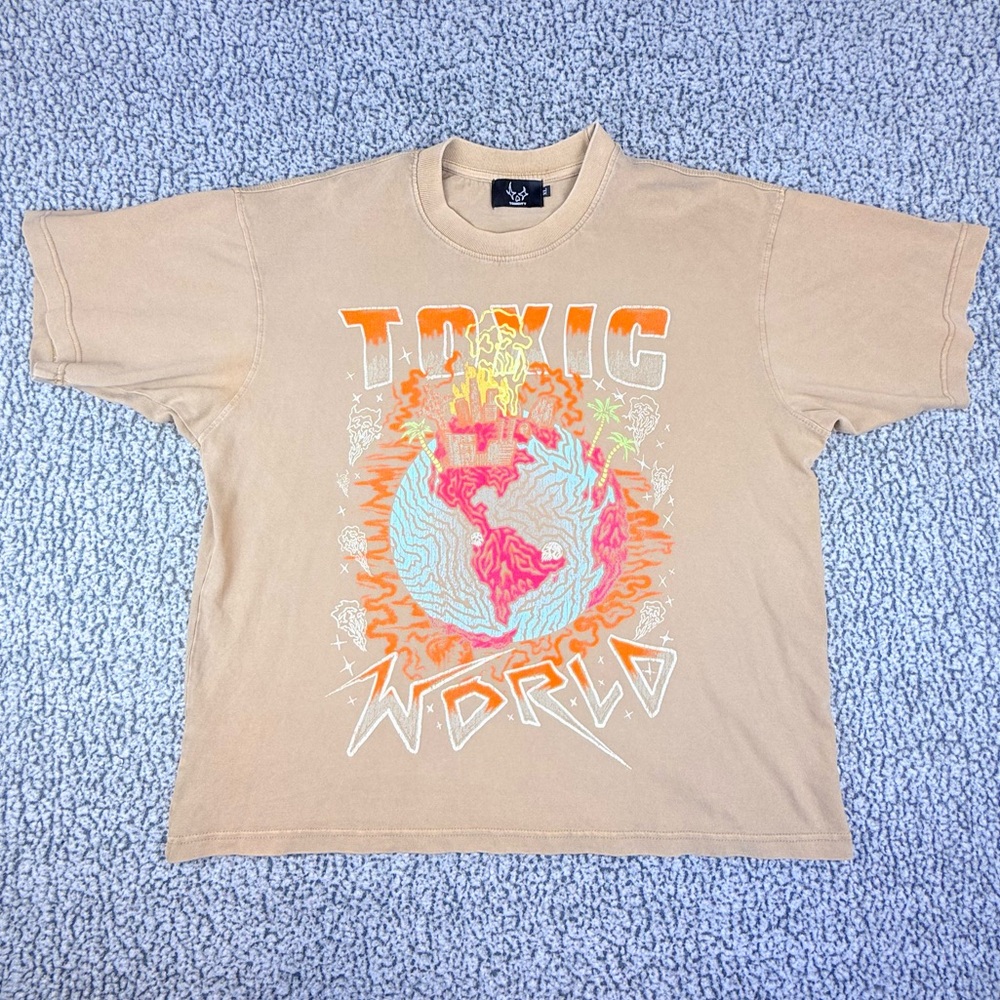 Toxicity Toxic World Graphic T-Shirt XL Tan Trippy Streetwear Tee
